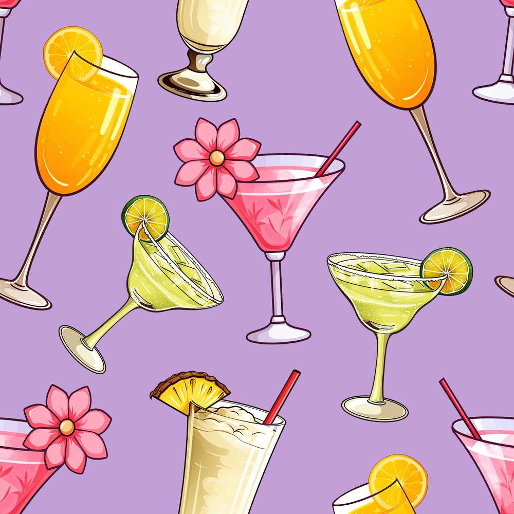 Tropical Cocktail Drinks Lavender Background Decorative Repeat Pattern