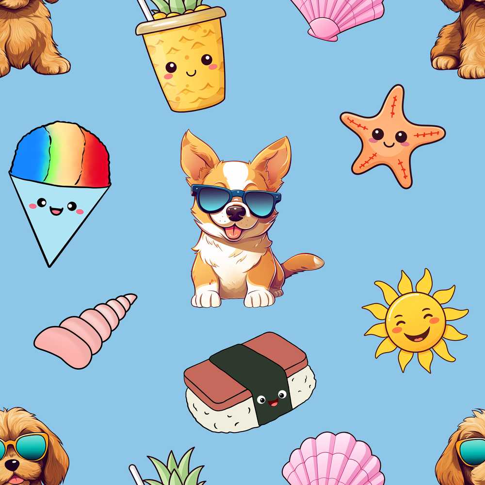 Cute Summer Chihuahua Dog Cartoon Blue Background Illustration