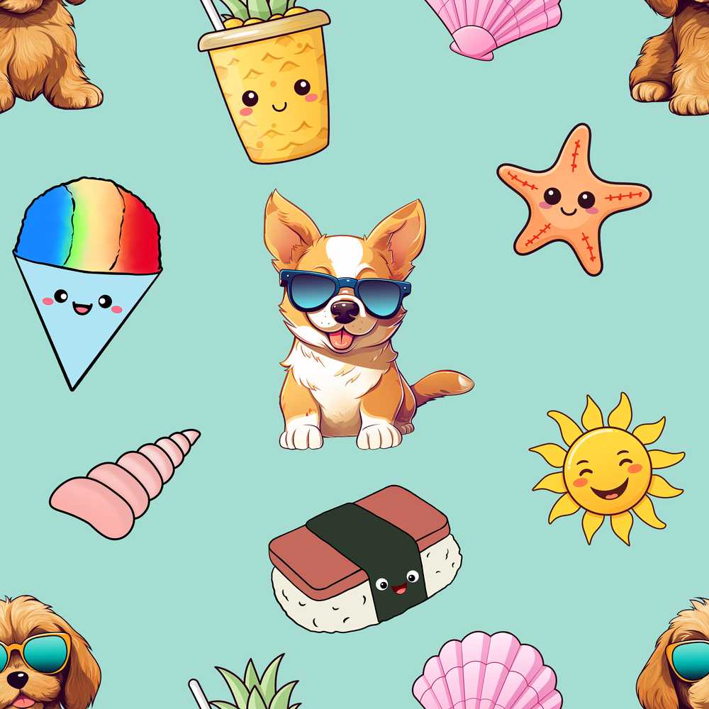 Summer Chihuahua Dog Sunglasses Kawaii Beach Teal Illustration