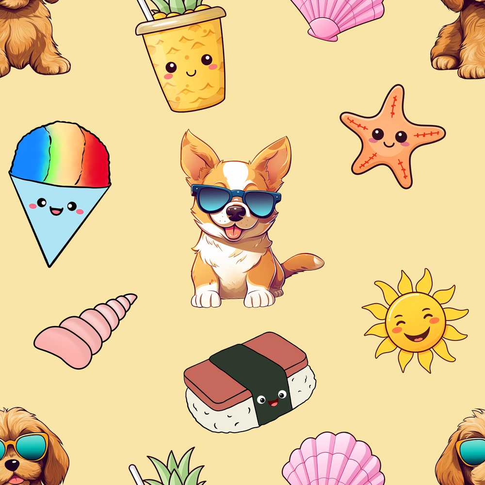 Summer Chihuahua Dog Sunglasses Kawaii Beach Beige Illustration