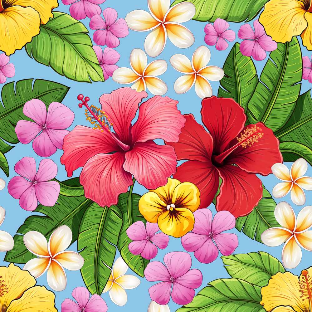 Tropical Hibiscus Flowers Plumeria Leaves Exotic Floral Blue Wildflower