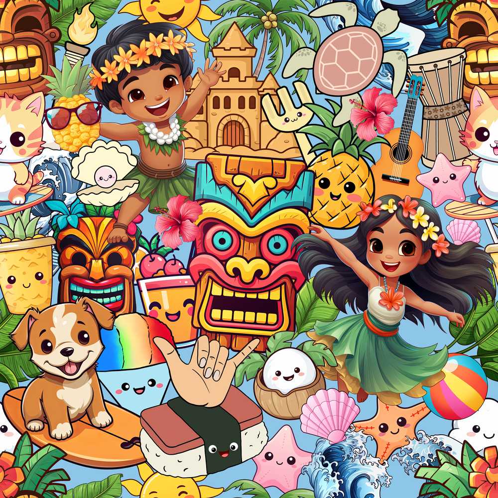 Cute Hawaiian Kids Tiki Mask Pineapple Blue Background