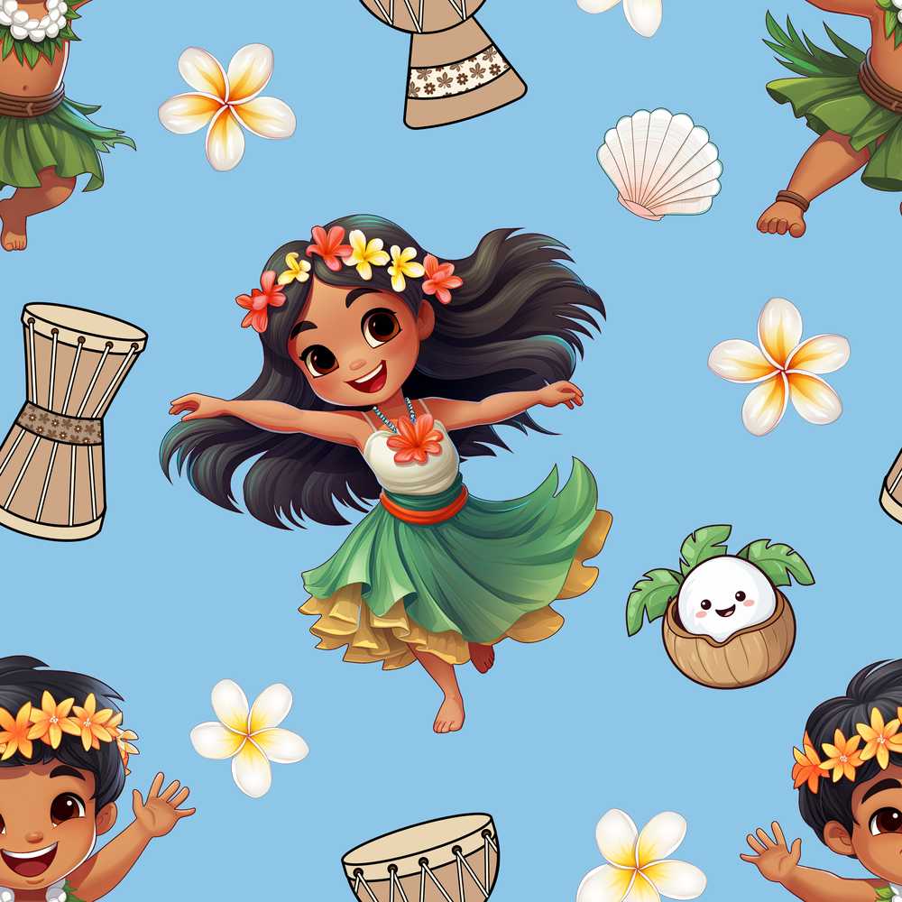 Cute Hawaiian Girl Hula Dance Coconut Shell Blue Background