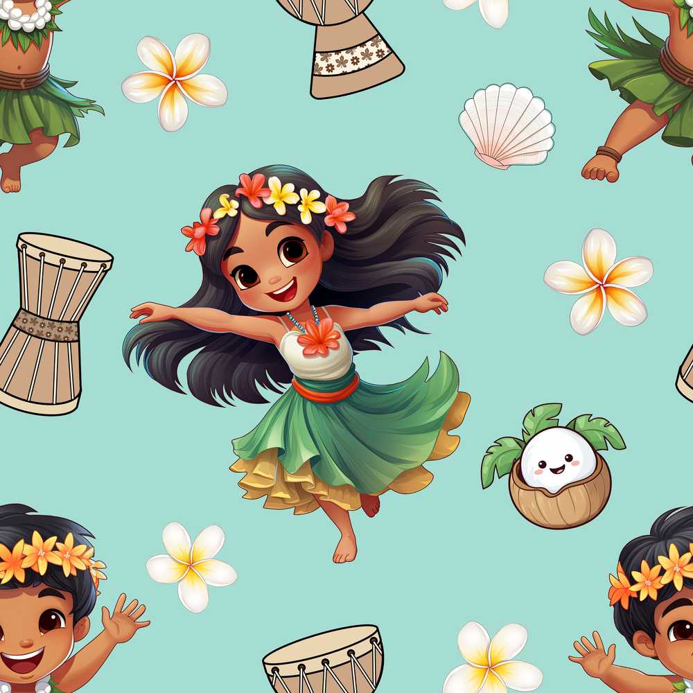 Cute Hawaiian Girl Hula Dance Coconut Shell Teal Background