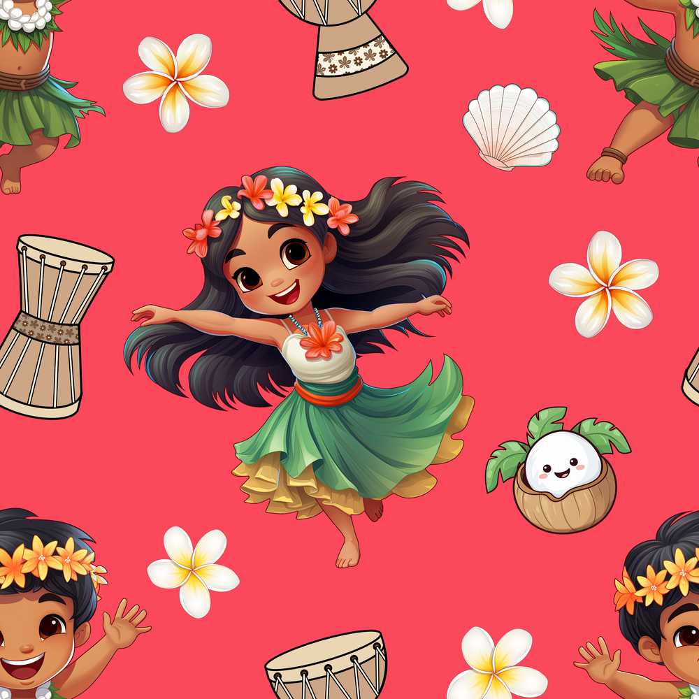 Cute Hawaiian Girl Hula Dance Coconut Shell Red Background