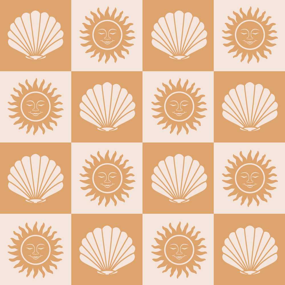 Boho Sun and Seashell Checkerboard Beige Background Coastal