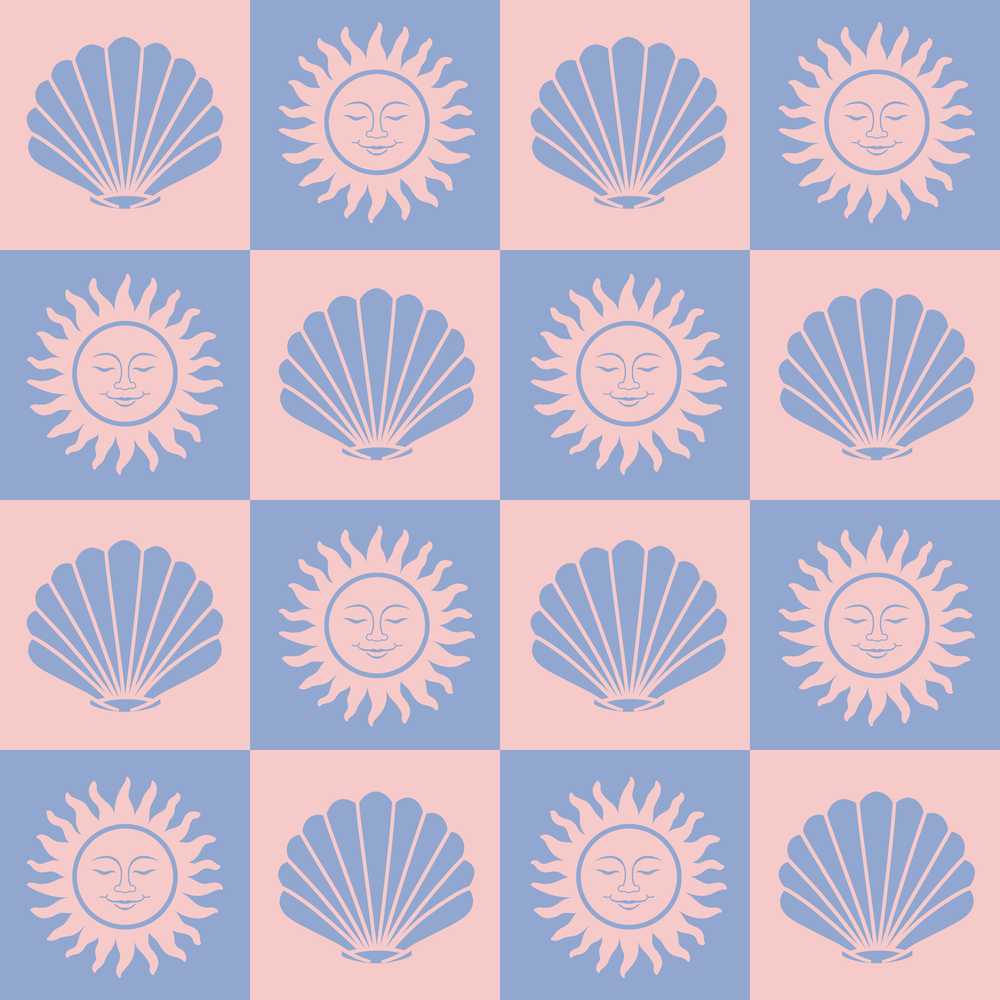 Boho Sun and Seashell Checkerboard Blue Pink Background
