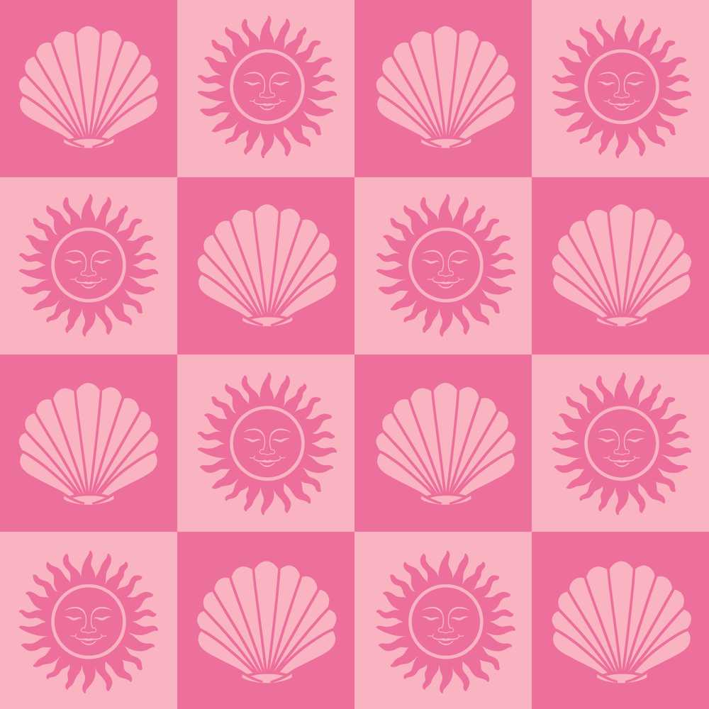 Boho Sun and Seashell Checkerboard Pink Tones Background