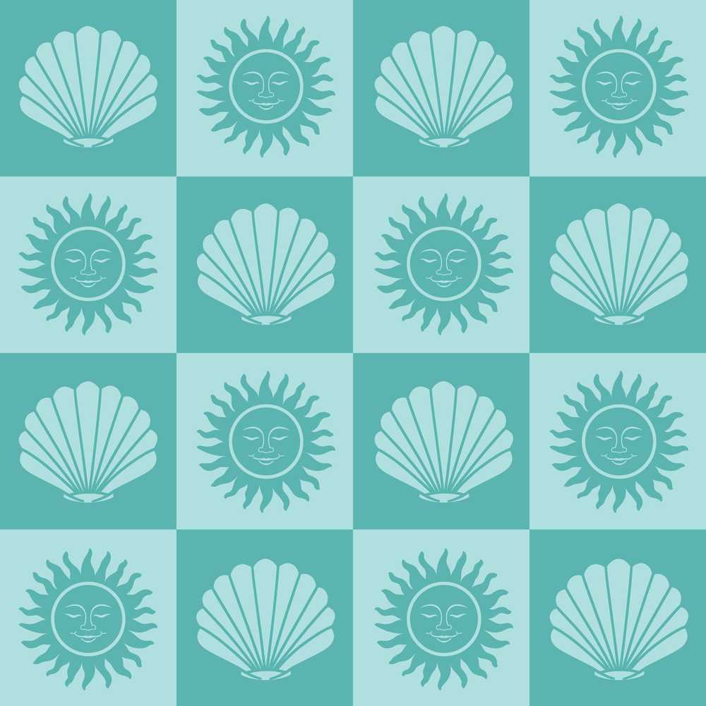 Teal Sun and Seashell Checkerboard Coastal Style Illustration