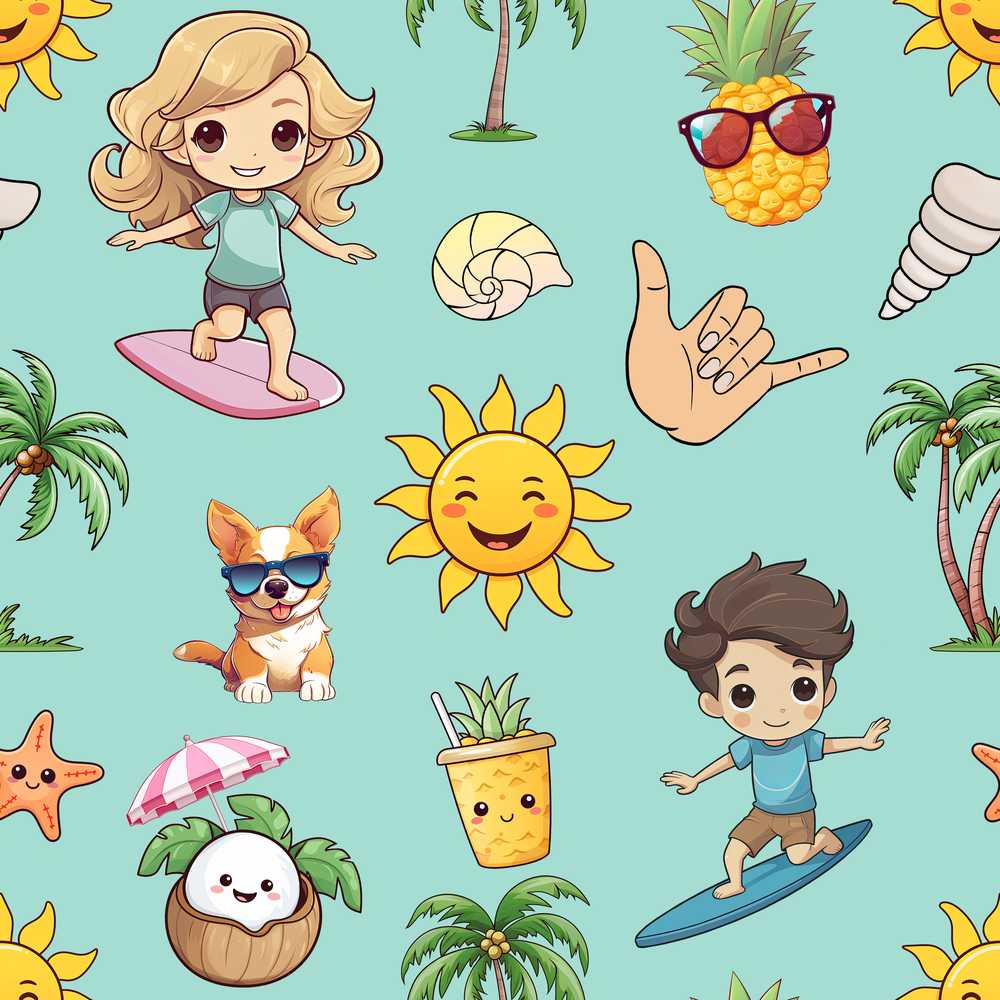 Cute Summer Beach Cartoon Kids Surf Pineapple Mint Background