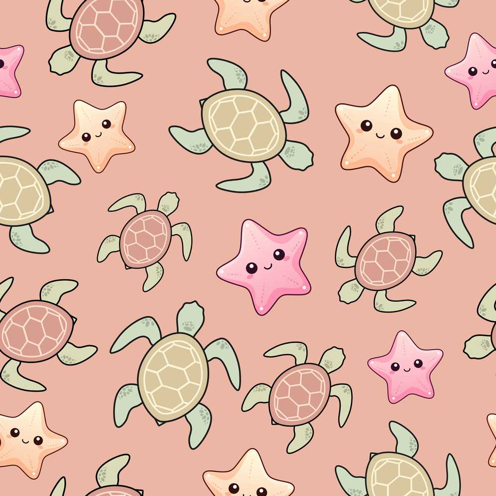 Cute Sea Turtle and Starfish Coral Background Coastal
