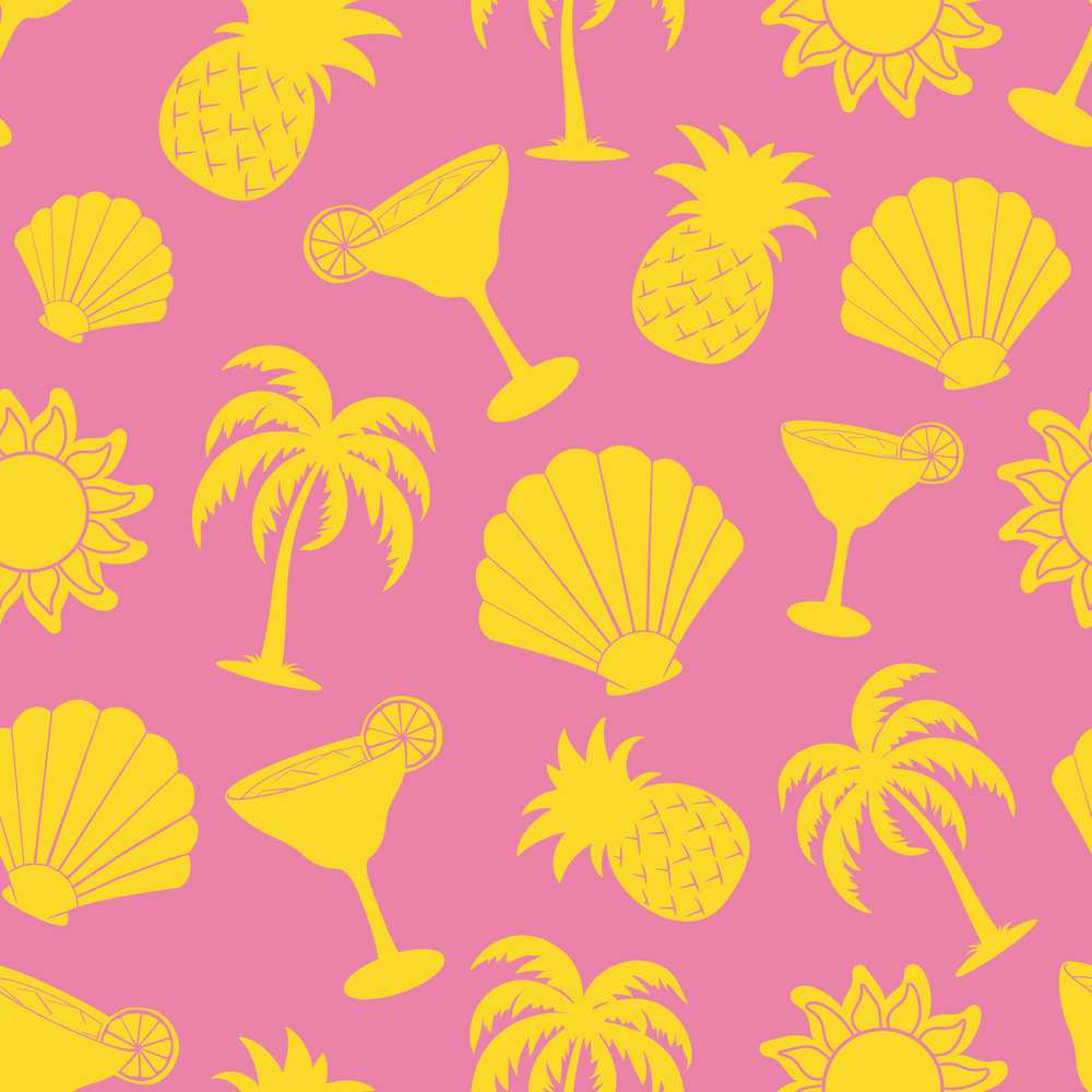 Tropical Beach Yellow Pink Palm Pineapple Cocktail Shell