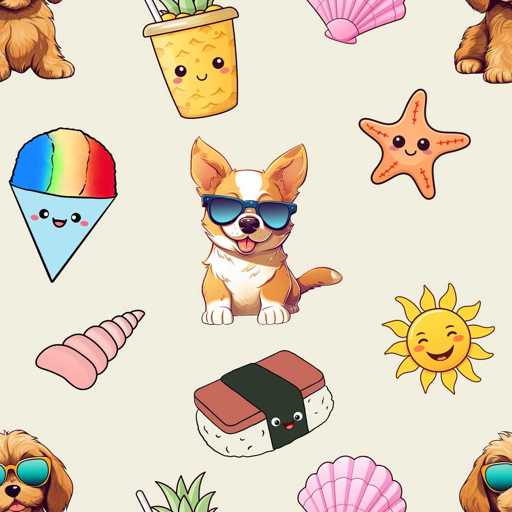 Cute Summer Dog Sunglasses Ice Cream Starfish Illustration
