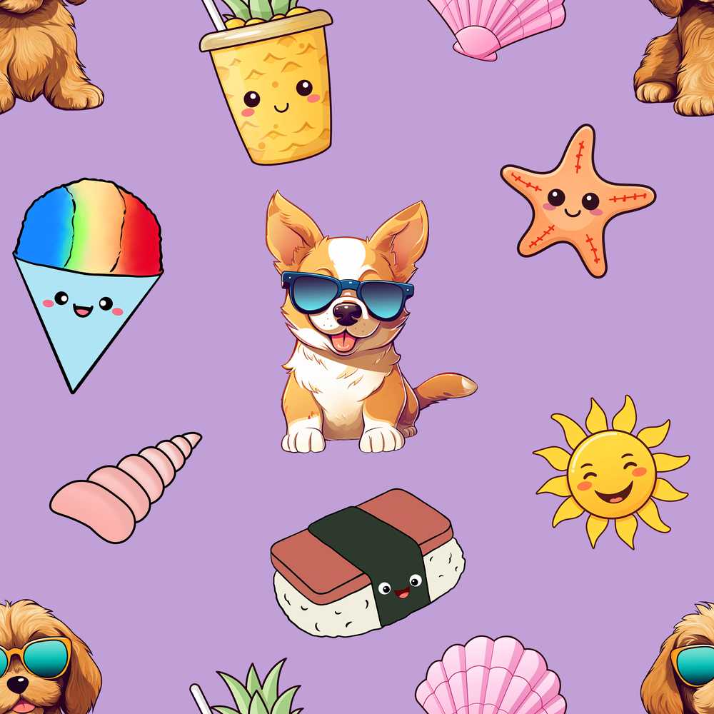 Cute Summer Dog Purple Background Ice Cream Starfish