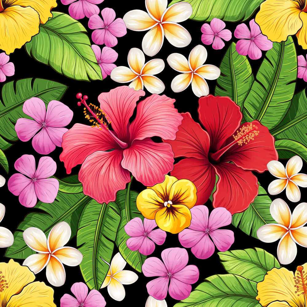 Tropical Hibiscus Flowers Plumeria Leaves Wildflower Pattern Botanical
