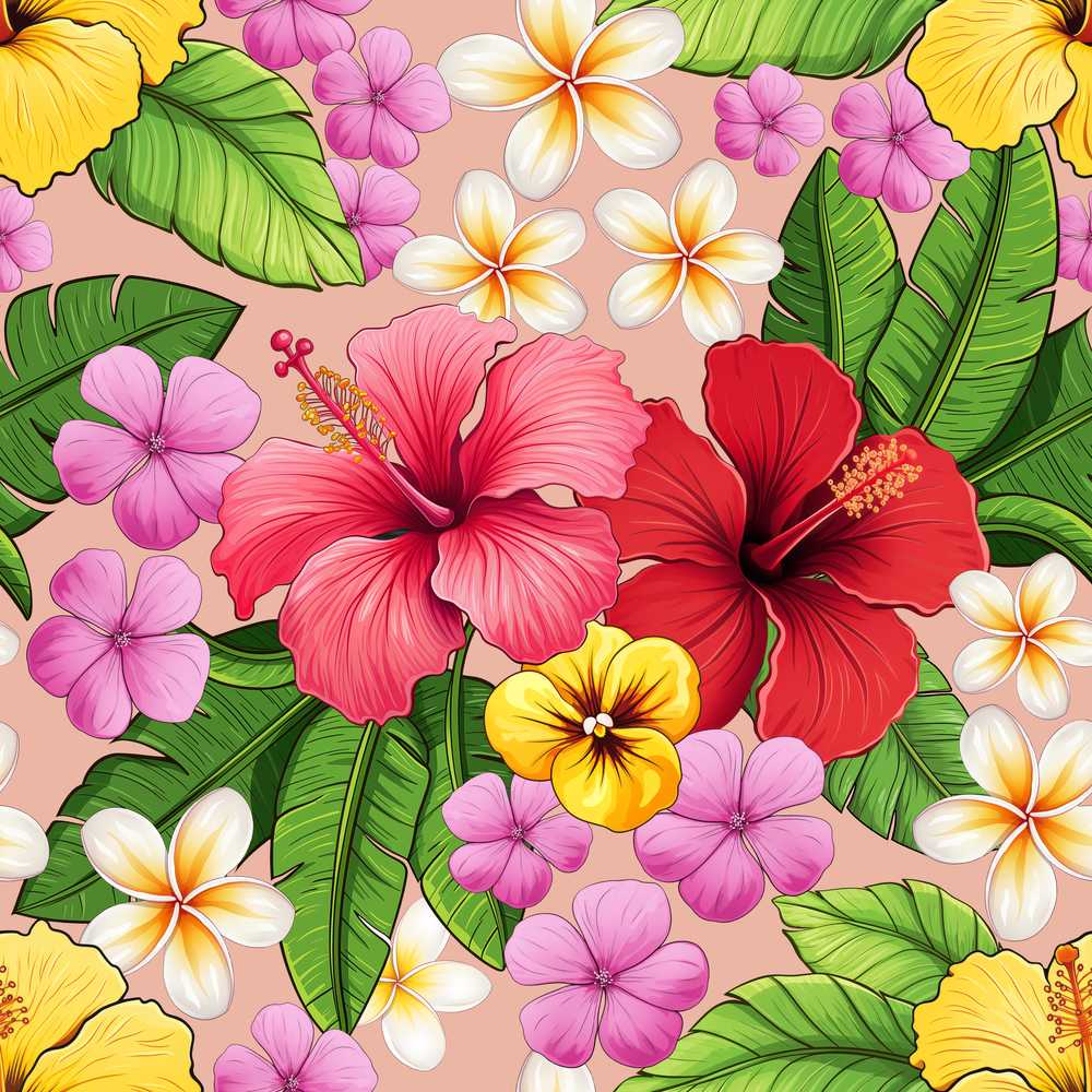 Tropical Hibiscus Flowers Beige Background Plumeria Leaves Wildflower Pattern