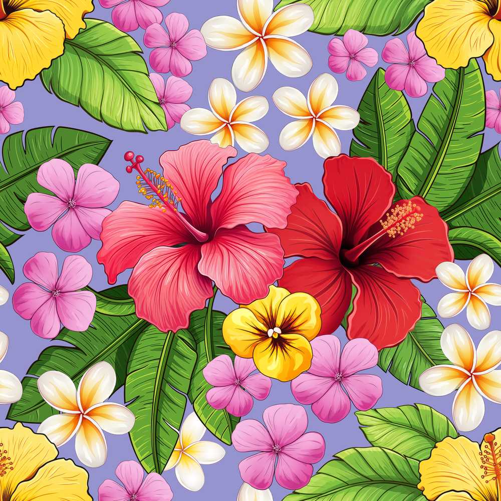 Tropical Hibiscus Flowers Purple Background Plumeria Leaves Wildflower Pattern