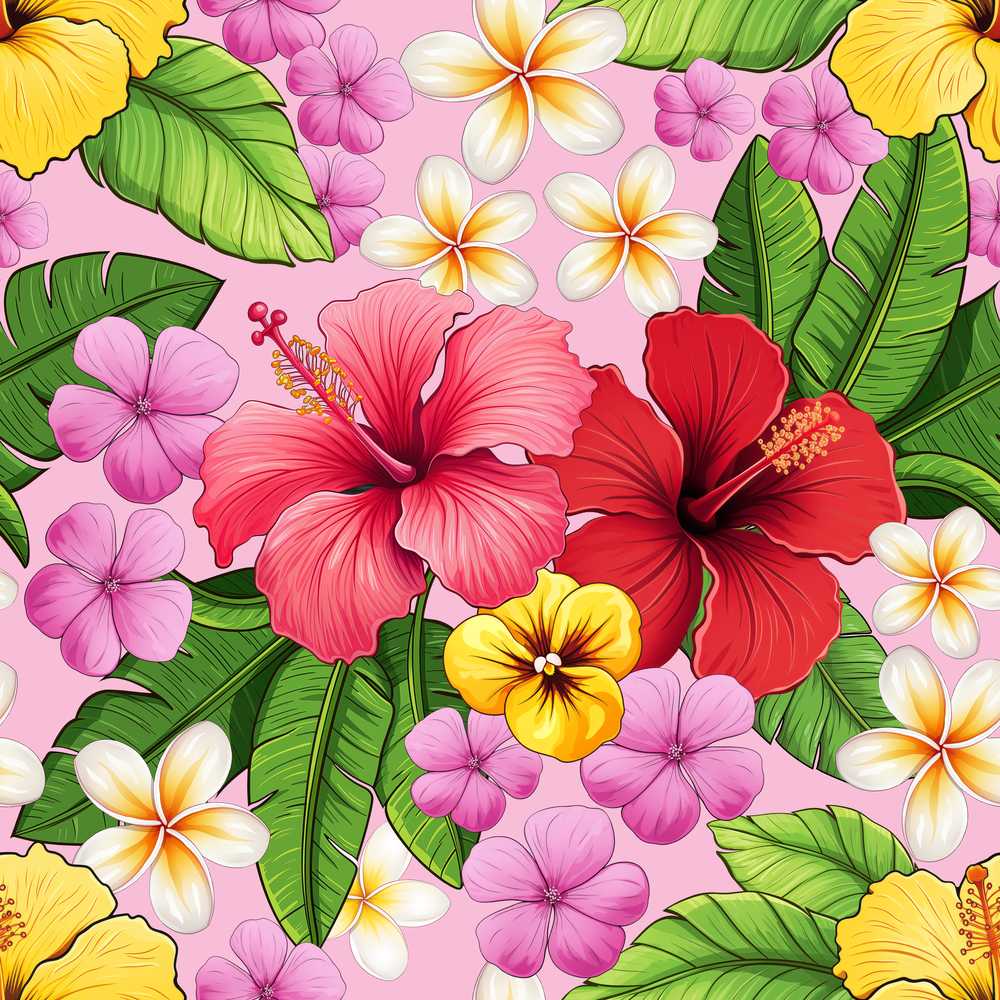 Tropical Hibiscus Flowers Pink Background Plumeria Leaves Wildflower Pattern
