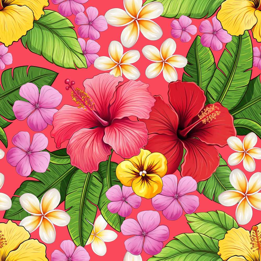 Tropical Hibiscus Flowers Red Background Plumeria Leaves Wildflower Pattern