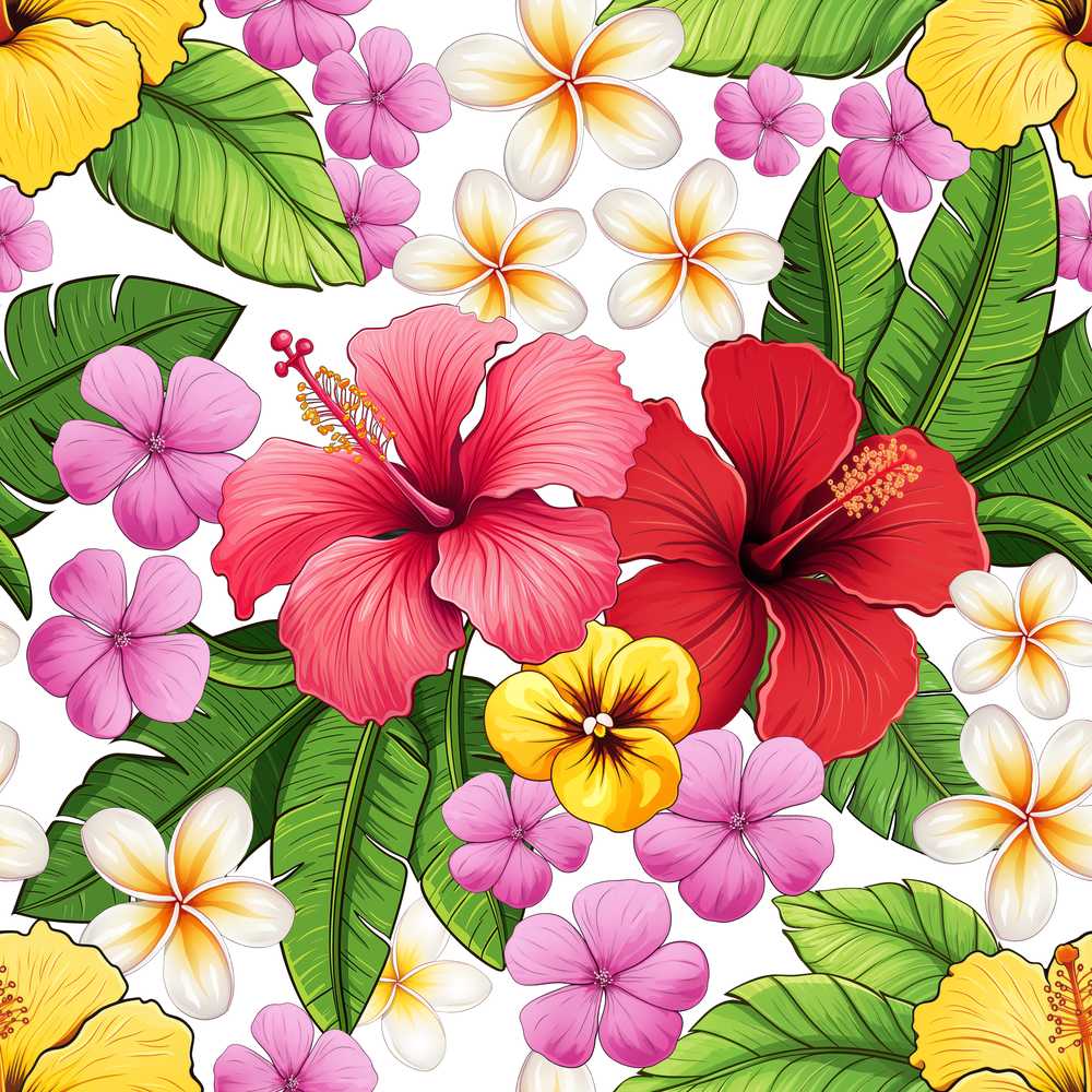 Tropical Hibiscus Flowers White Background Plumeria Leaves Wildflower Pattern