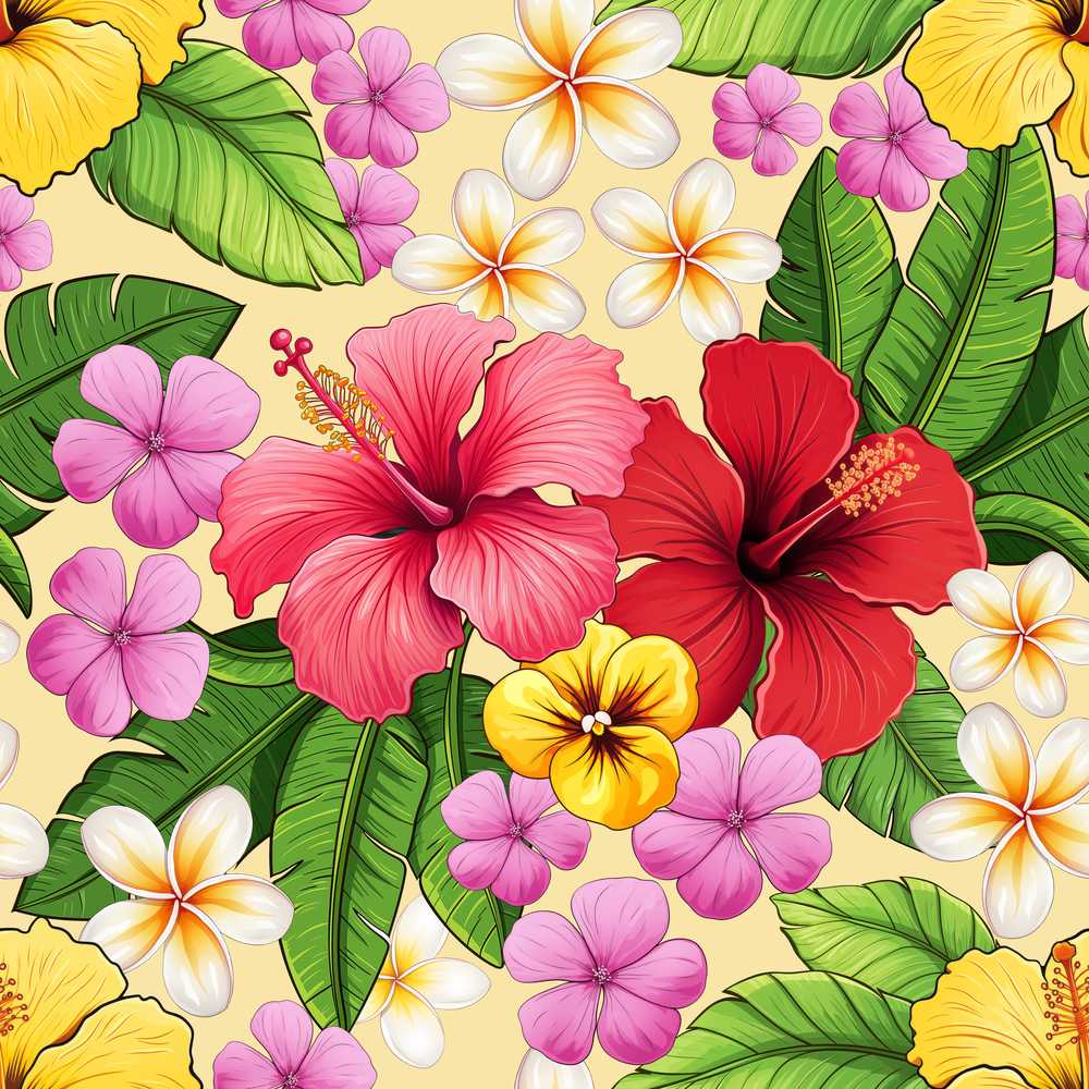Tropical Hibiscus Flowers Cream Background Plumeria Leaves Wildflower Pattern