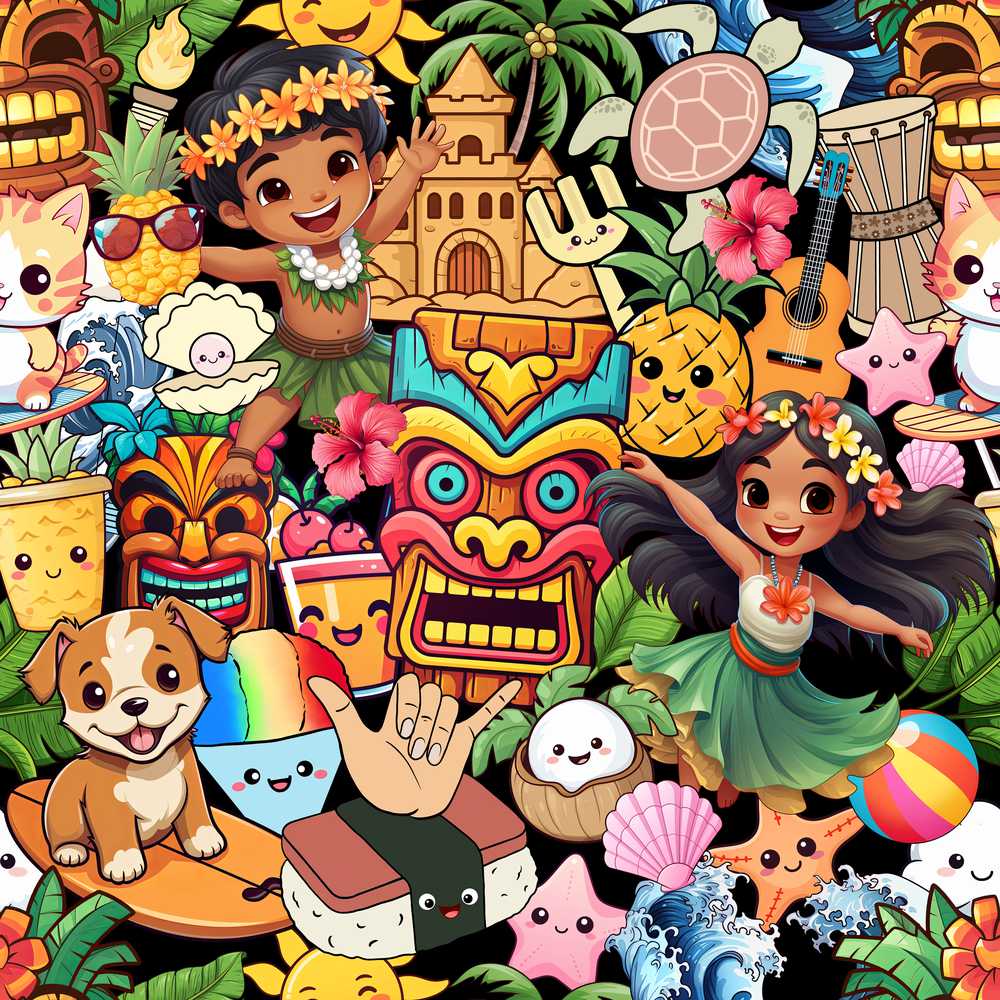 Cute Hawaiian Kids Tiki Beach Summer Cartoon Decorative