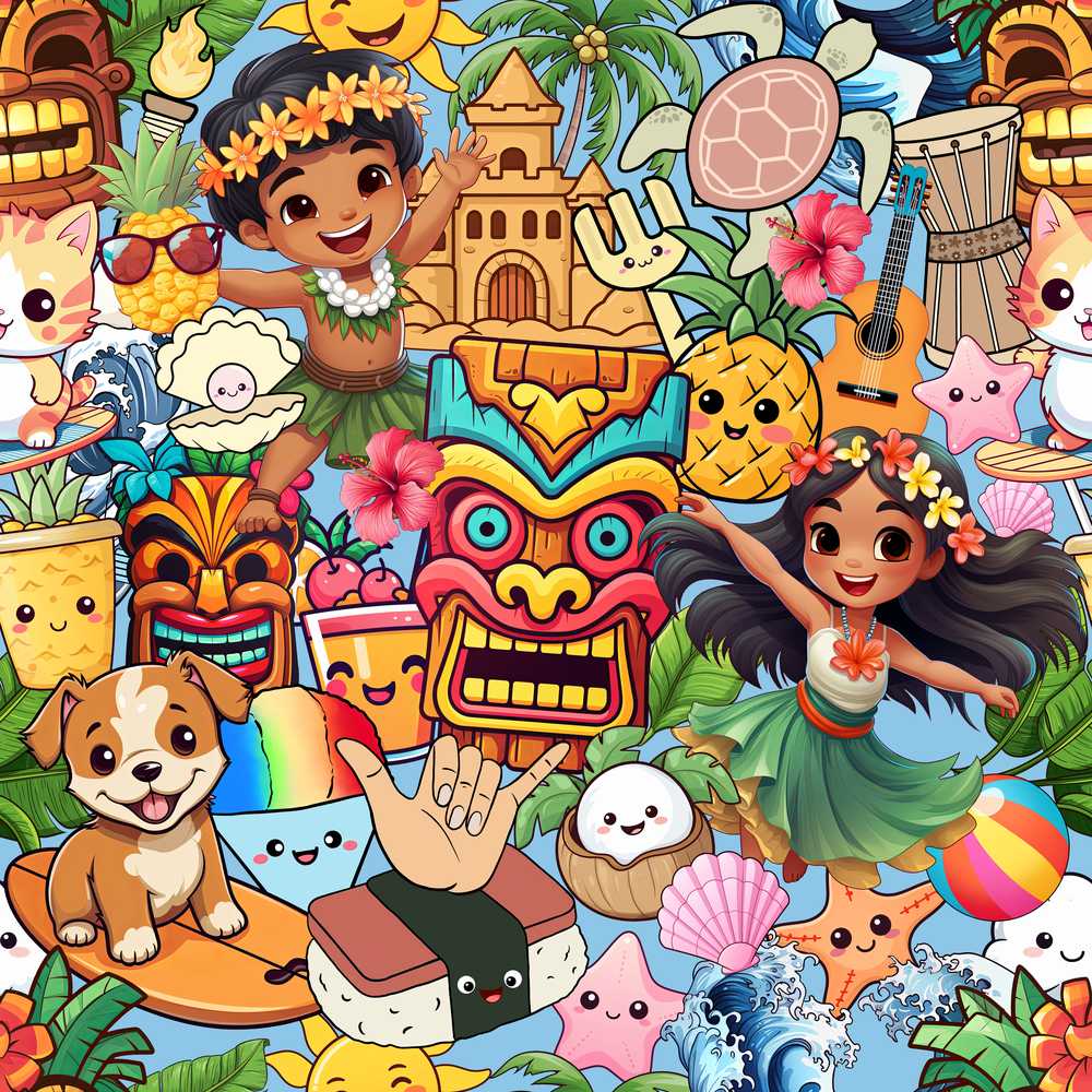 Cute Hawaiian Kids Blue Background Tiki Beach Summer Cartoon