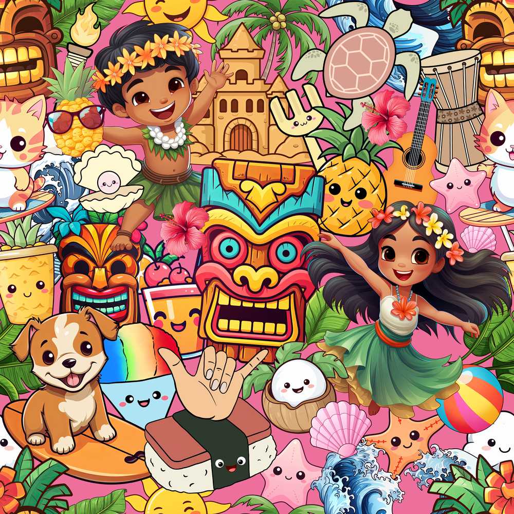 Cute Hawaiian Kids Pink Background Tiki Beach Summer Cartoon