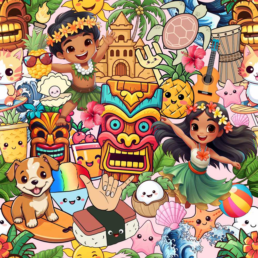 Cute Hawaiian Kids Beige Background Tiki Beach Summer Cartoon