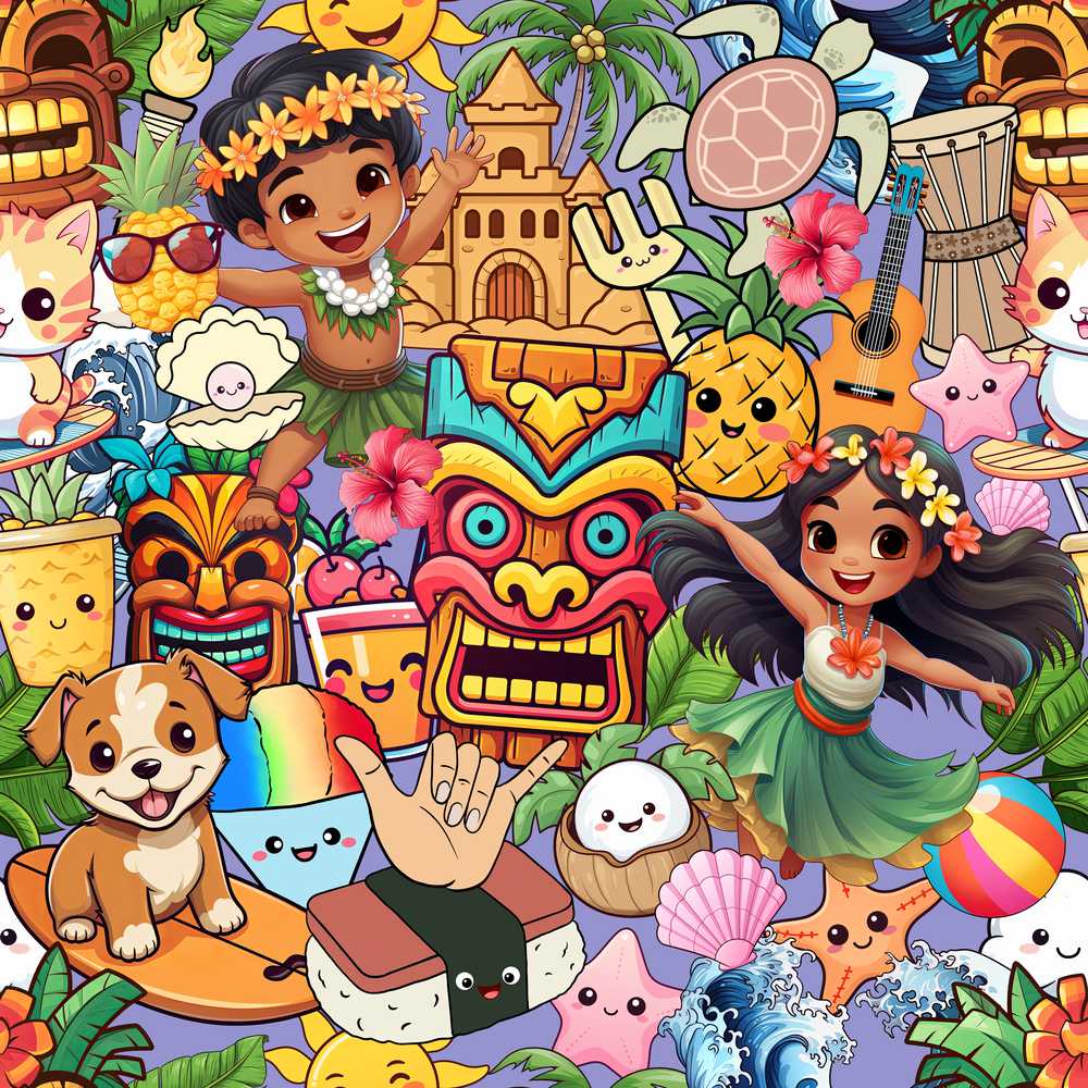 Cute Hawaiian Kids Purple Background Tiki Beach Summer Cartoon