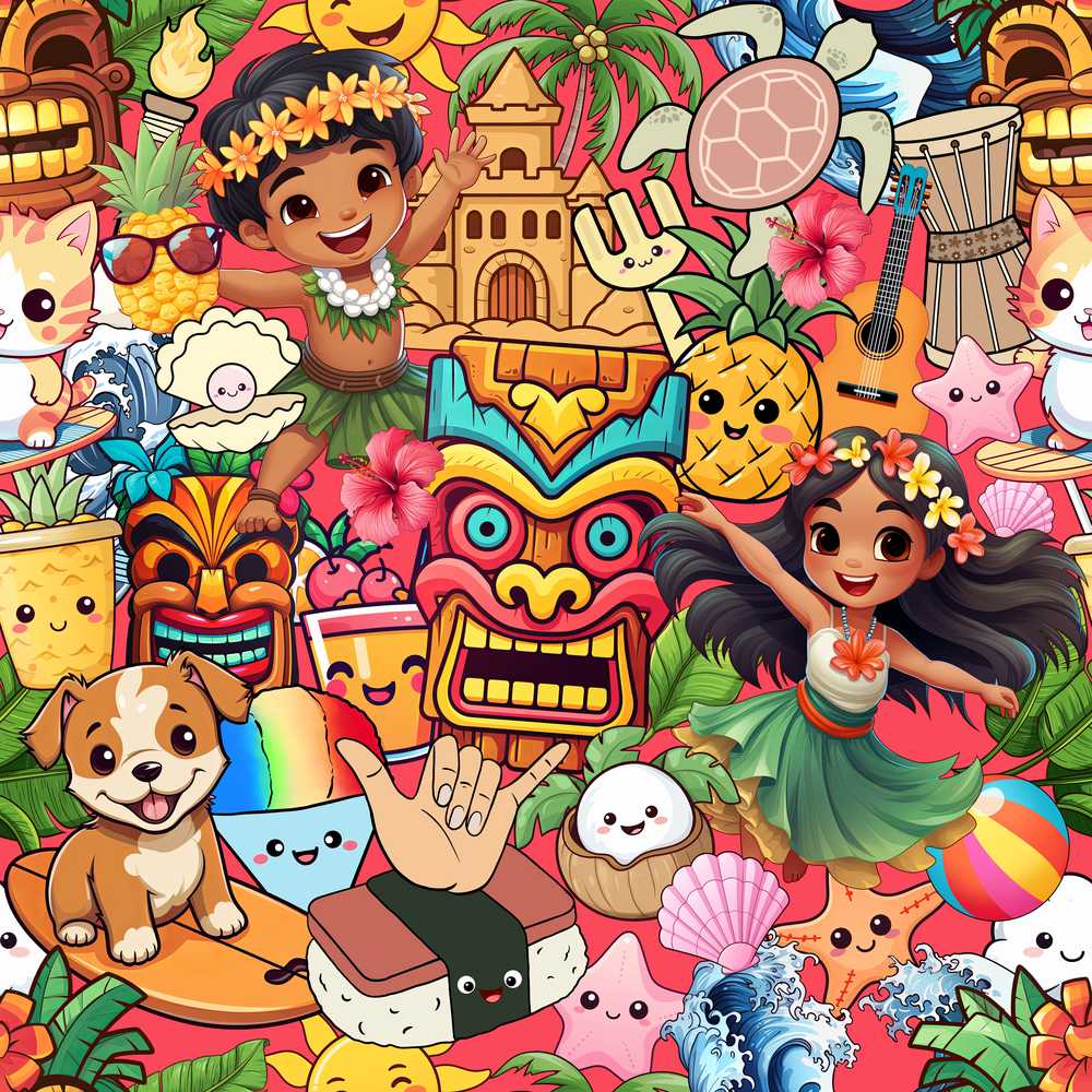 Cute Hawaiian Kids Red Background Tiki Beach Summer Cartoon