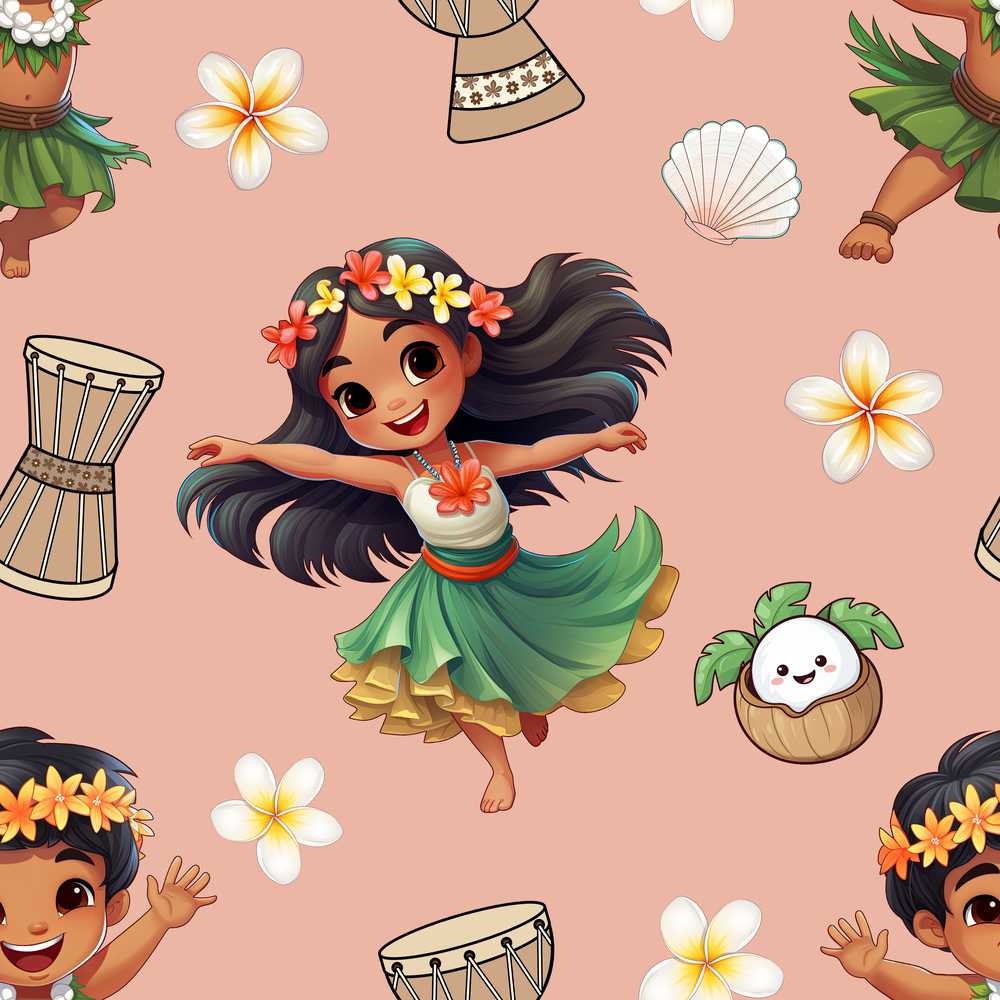 Cute Hula Girl Peach Background Tropical Flowers Coconut Wildflower