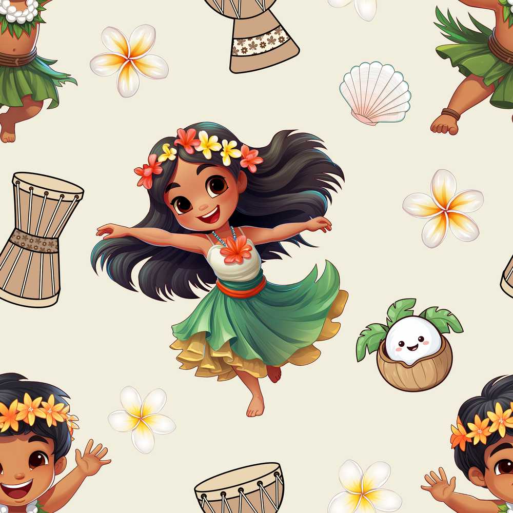 Cute Hula Girl Cream Background Tropical Flowers Coconut Wildflower
