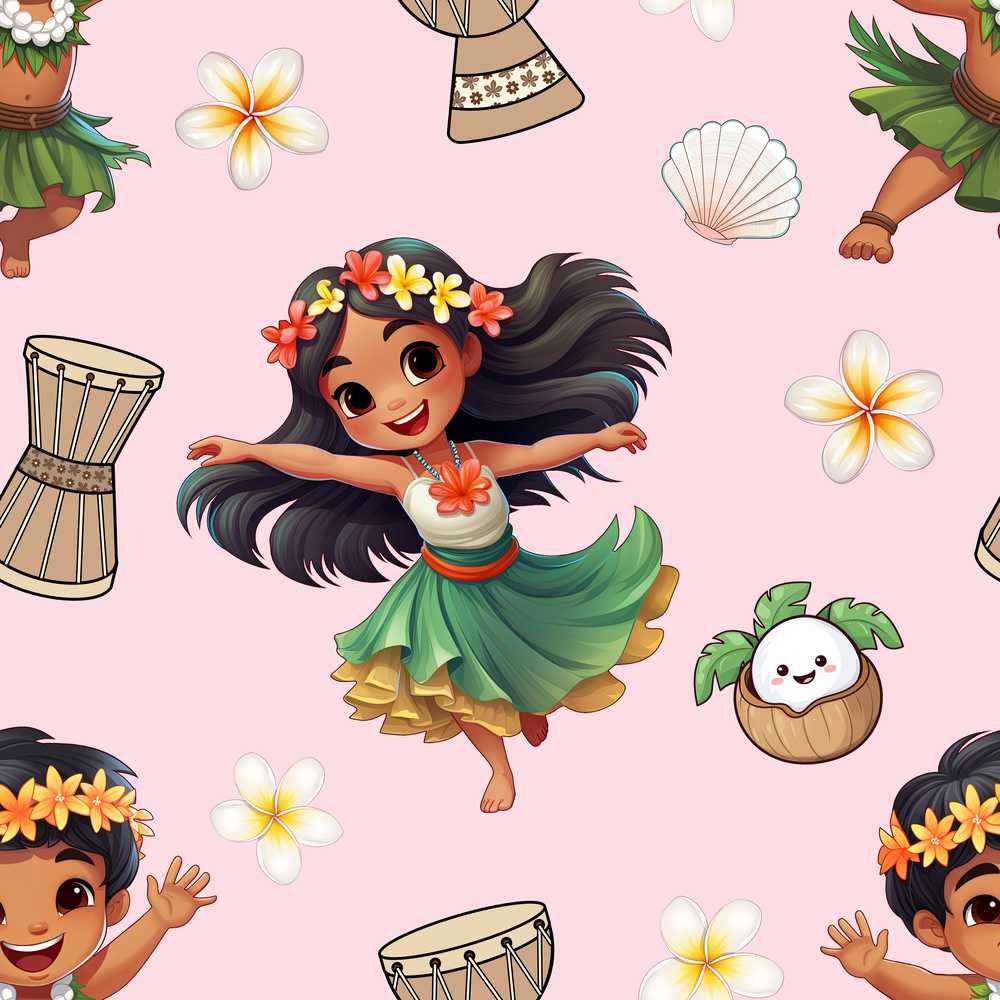 Cute Hula Girl Pink Background Tropical Flowers Coconut Wildflower