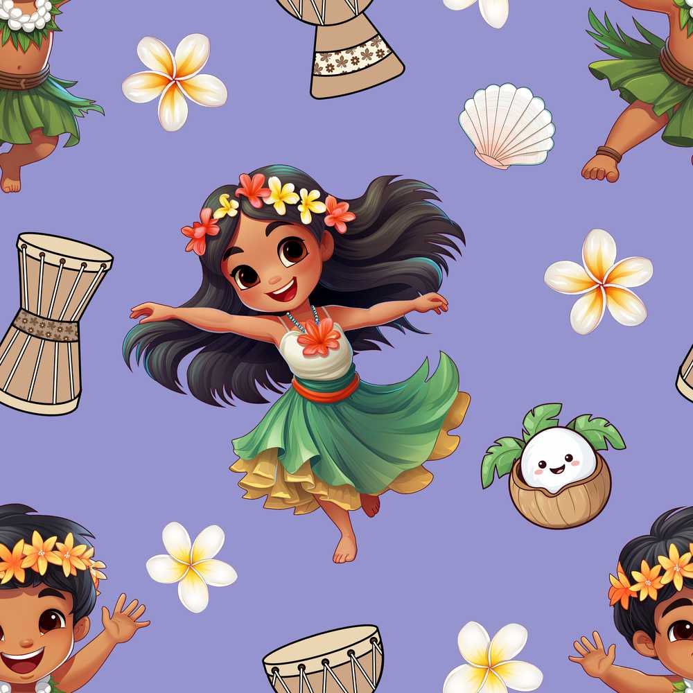 Cute Hula Girl Purple Background Tropical Flowers Coconut Wildflower