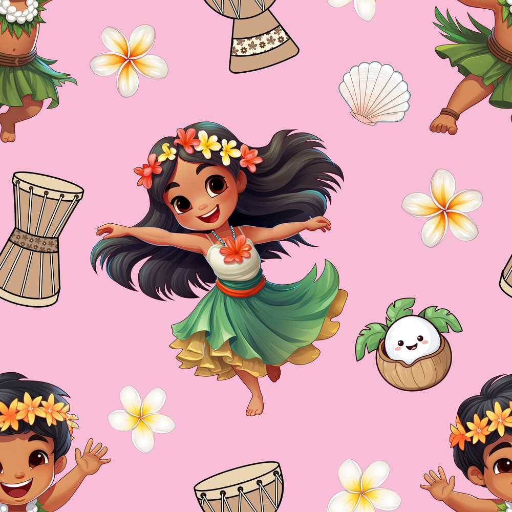 Cute Hula Girl Soft Pink Background Tropical Flowers Coconut