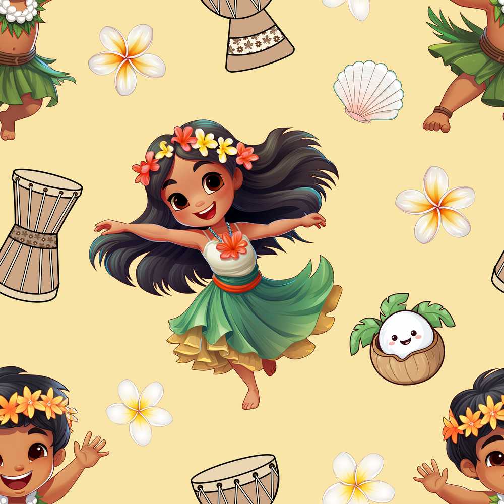 Cute Hula Girl Yellow Background Tropical Flowers Coconut Wildflower