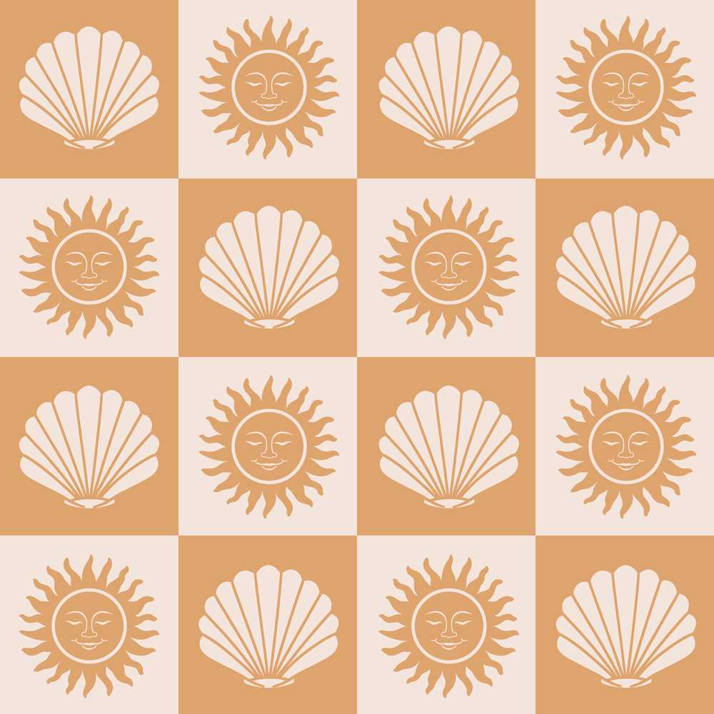 Boho Sun And Shells Checkerboard Beige Decorative Repeat