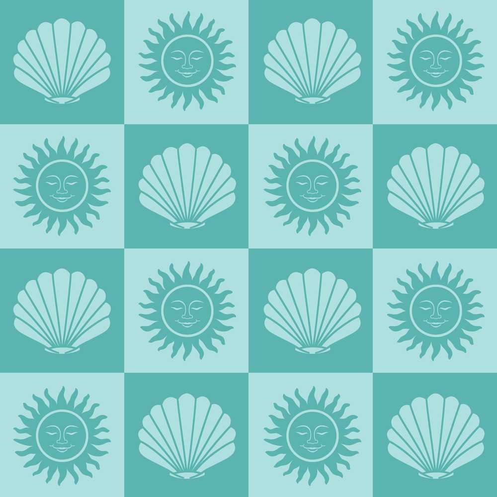 Boho Sun And Shells Checkerboard Teal Decorative Repeat