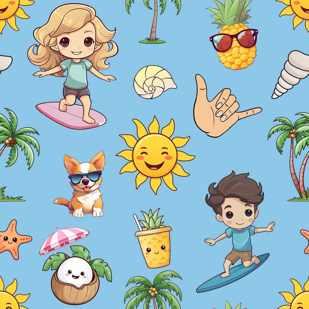 Cute Summer Beach Kids Surfing Sun Pineapple Dog Blue