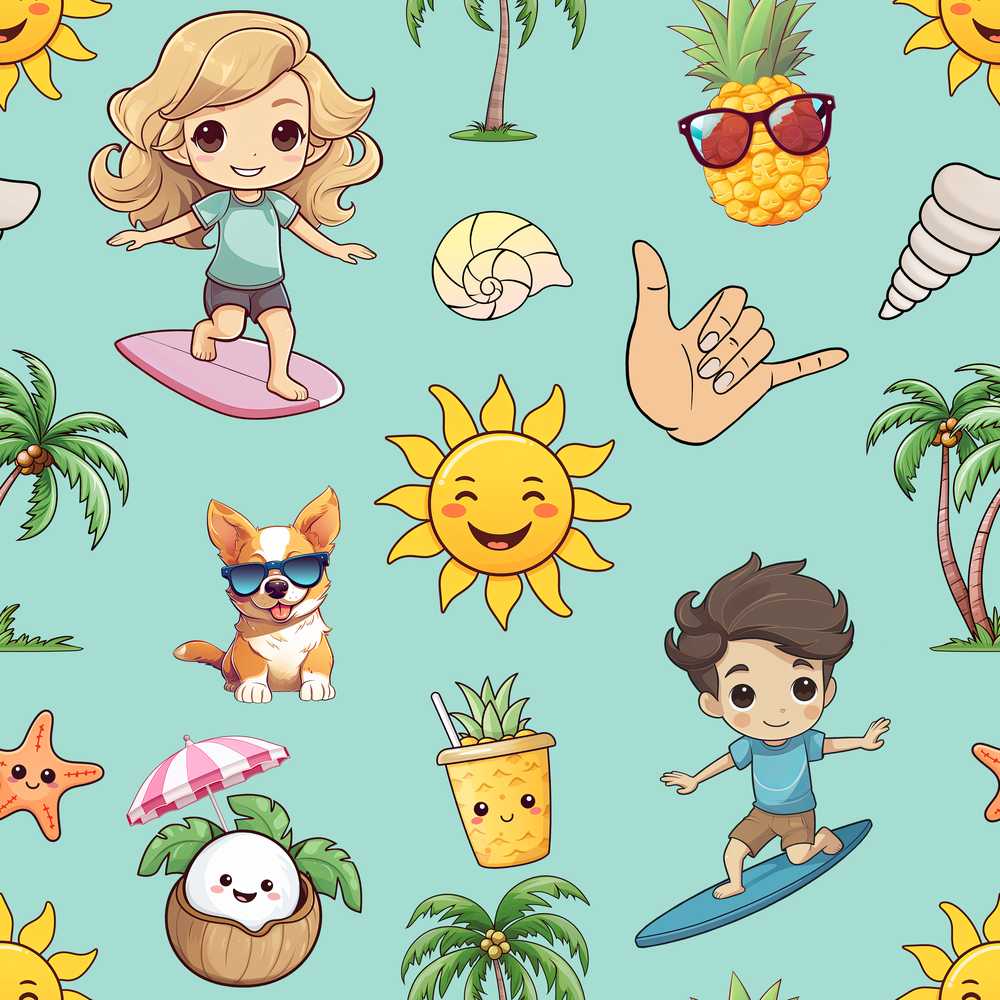 Cute Summer Beach Kids Surfing Sun Pineapple Dog Teal