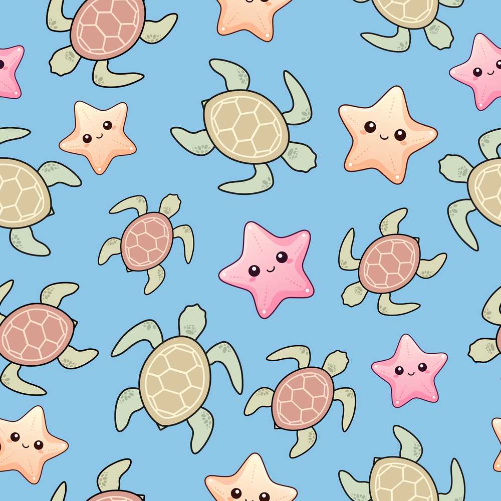 Cute Sea Turtles And Starfish Kawaii Blue Ocean
