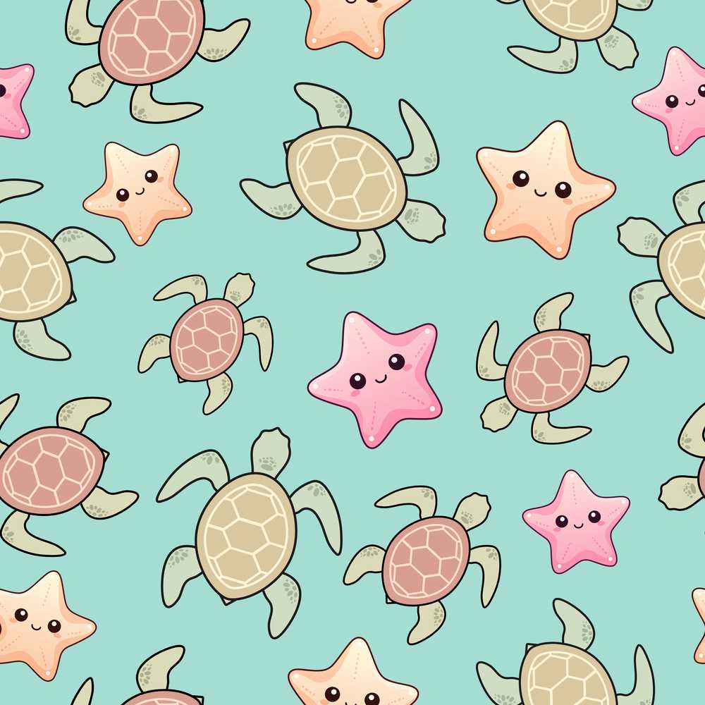 Cute Sea Turtles And Starfish Kawaii Teal Coastal