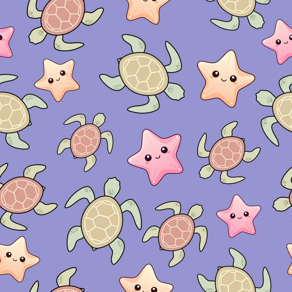 Cute Sea Turtles And Starfish Kawaii Purple Ocean