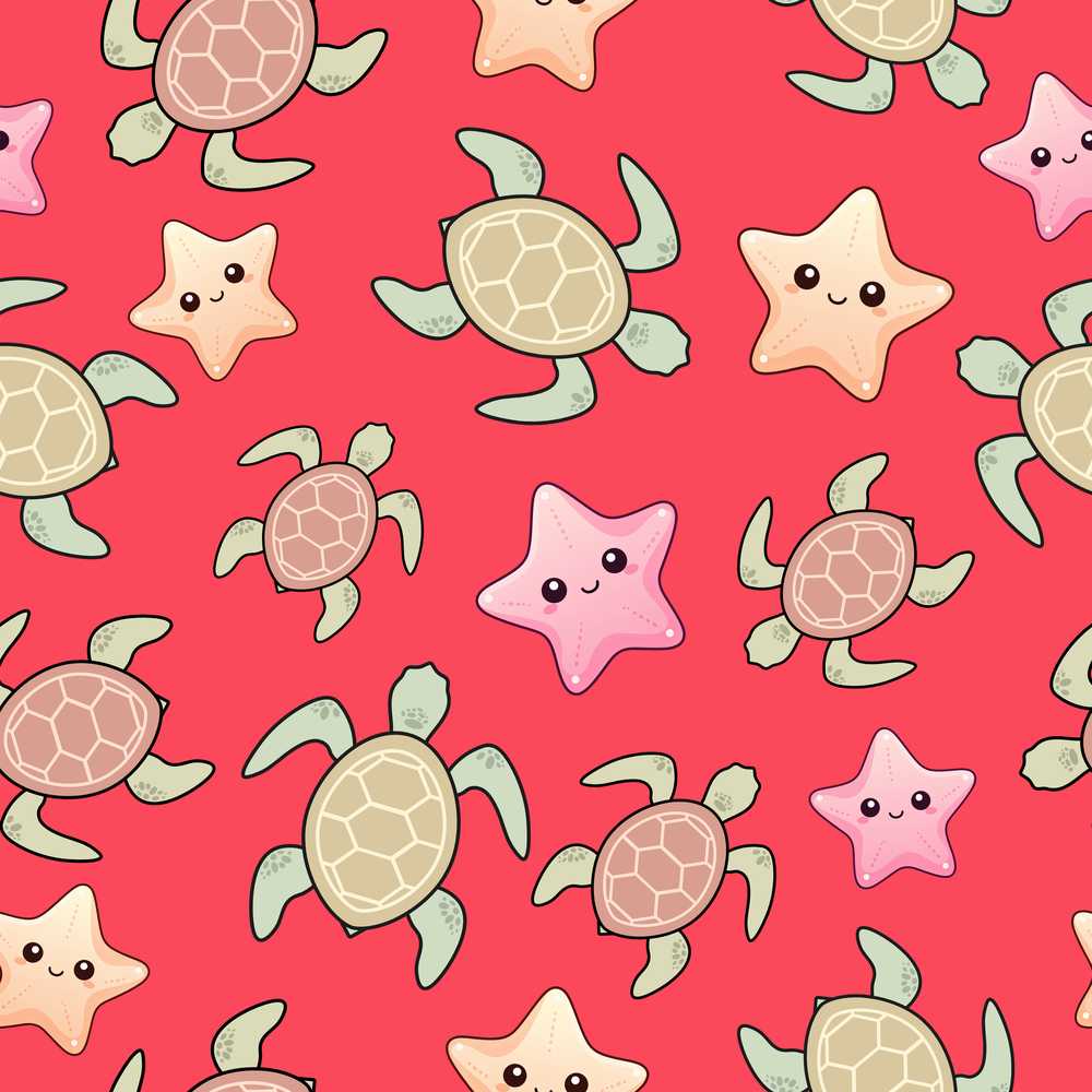 Cute Sea Turtles And Starfish Kawaii Red Ocean