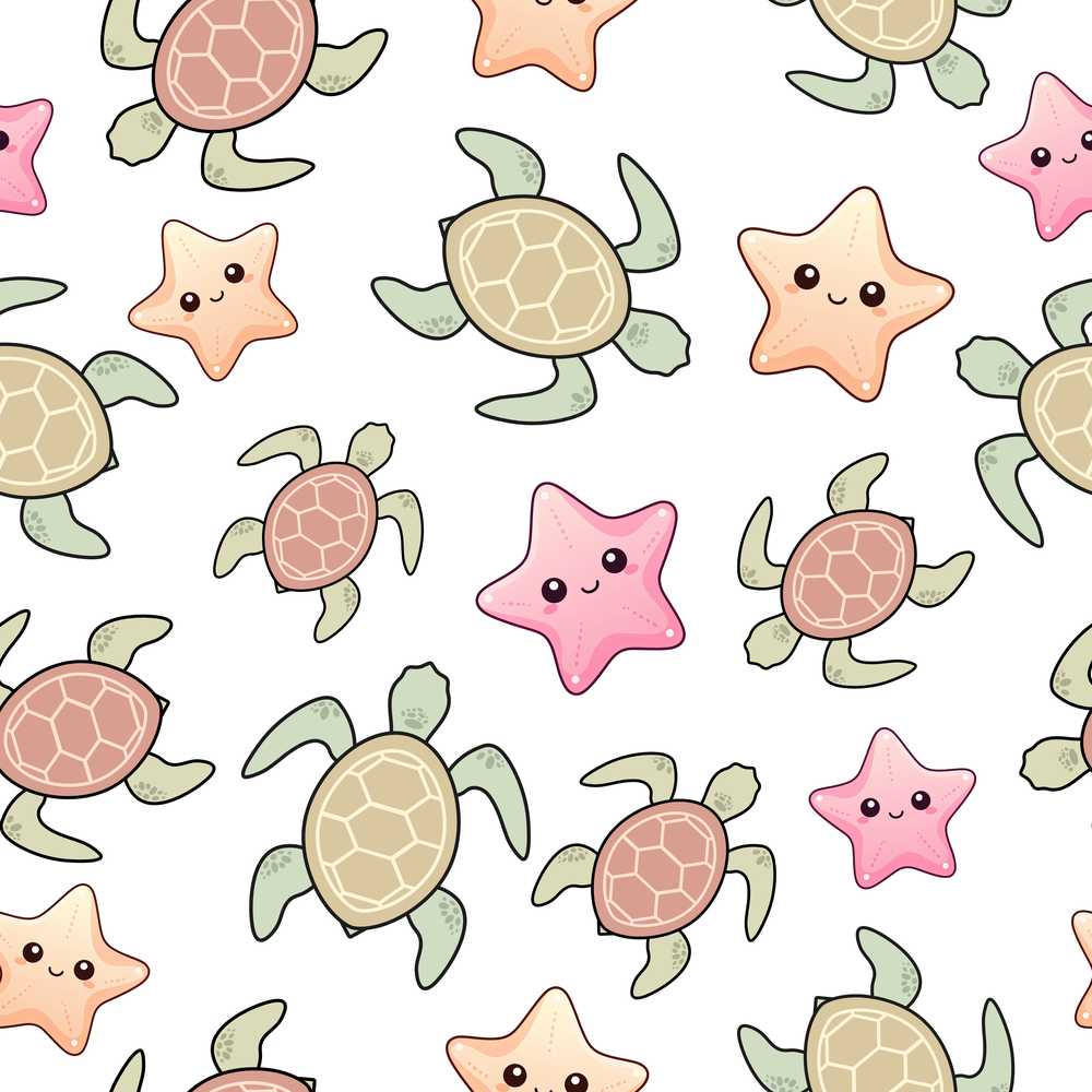 Cute Sea Turtles And Starfish Kawaii Grey Ocean