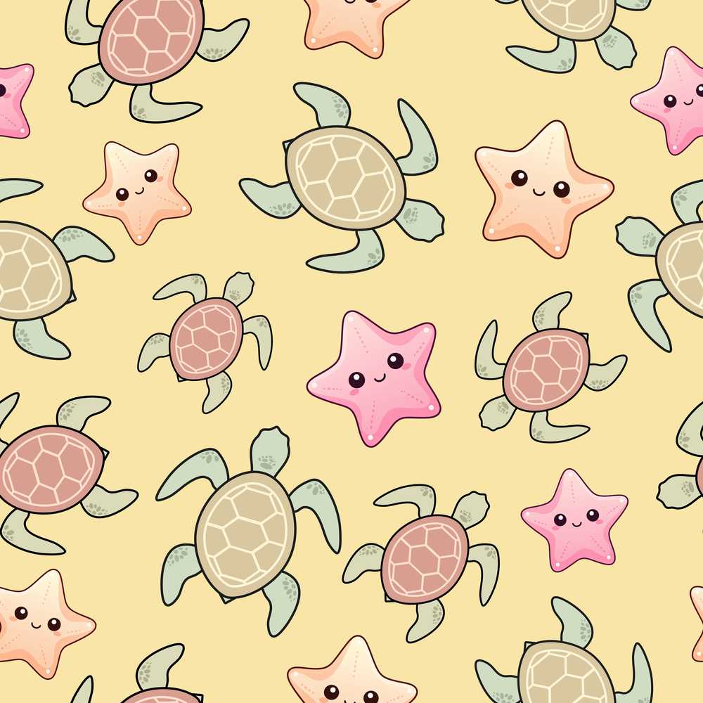Cute Sea Turtles And Starfish Kawaii Yellow Ocean
