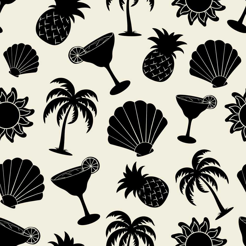 Tropical Beach Pineapple Cocktail Shell Palm Coastal Illustration