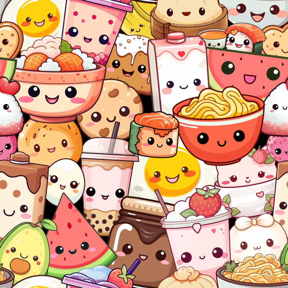 Cute Kawaii Food Characters Sushi Drinks Desserts Illustration