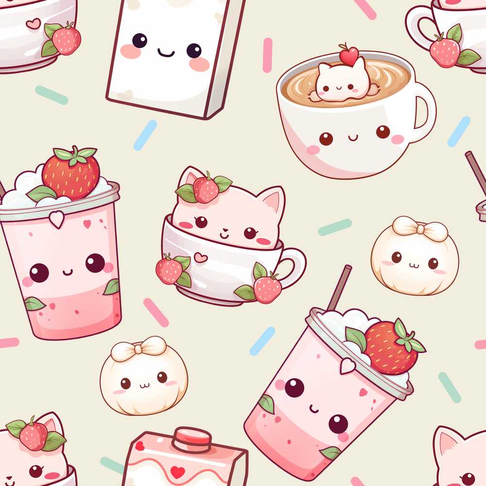 Cute Strawberry Cat Coffee Cups Kawaii Illustration Repeat